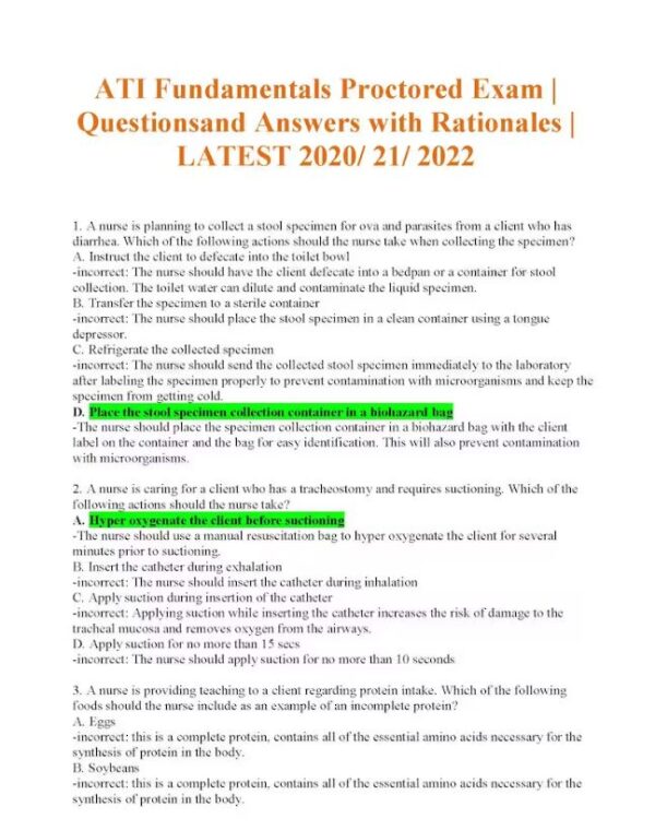 ATI Fundamentals Proctored Exam | Questionsand Answers with Rationales | LATEST 2020/ 21/ 2022